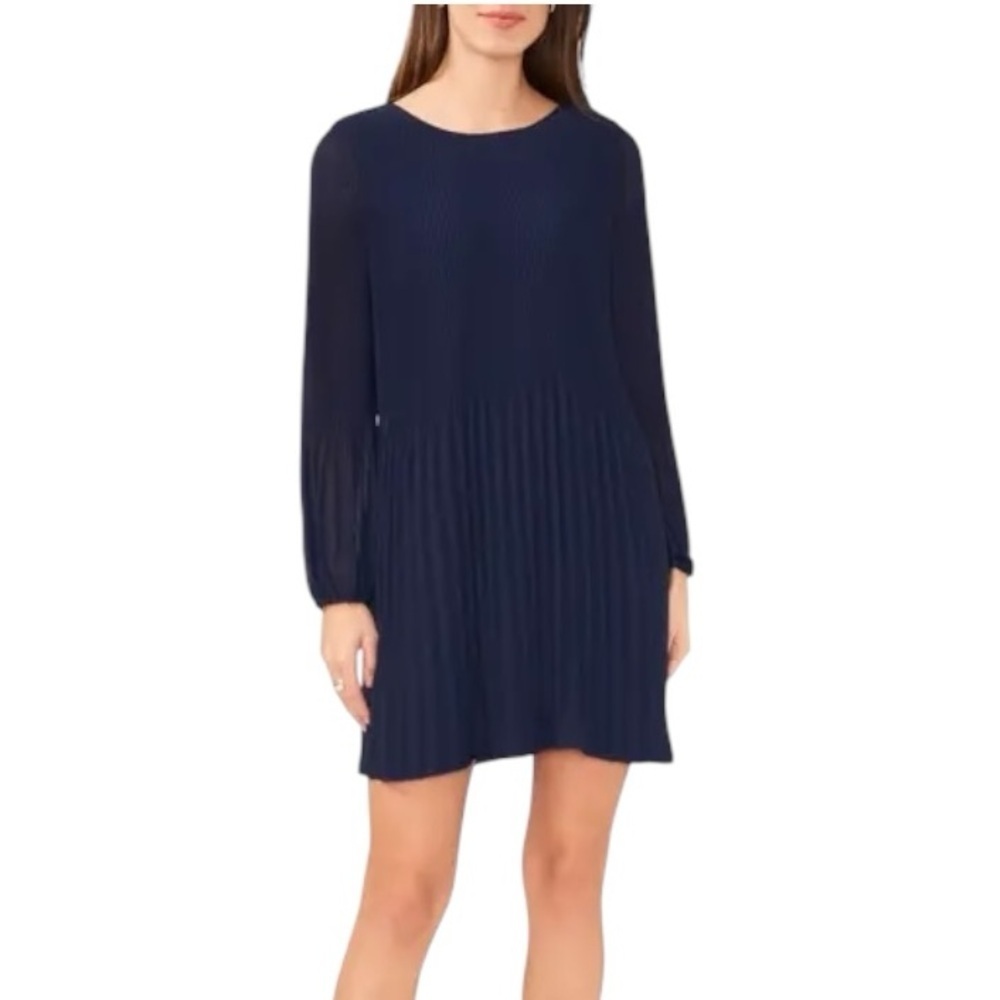 Nine West Navy Long-Sleeve Pleated Shift Dress
